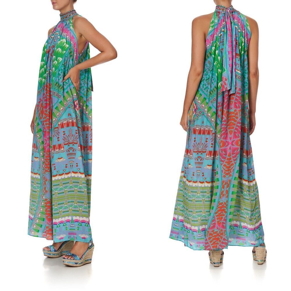 Camilla Amulet Womens Silk Multicolor Halter Maxi Dress Boho Resort Beach Summer